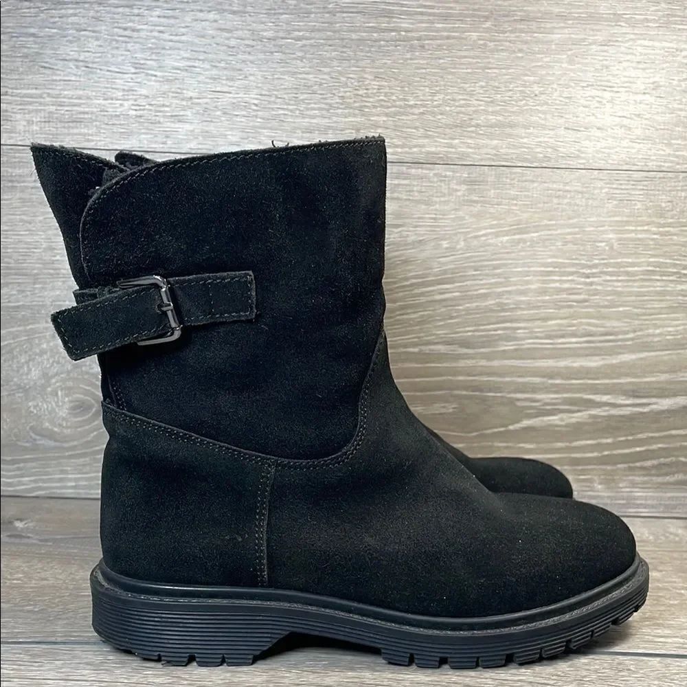 Skechers Black Leather Women’s Sz 6.5 Pull On Buckle Faux Fur Lined Ankle Boots